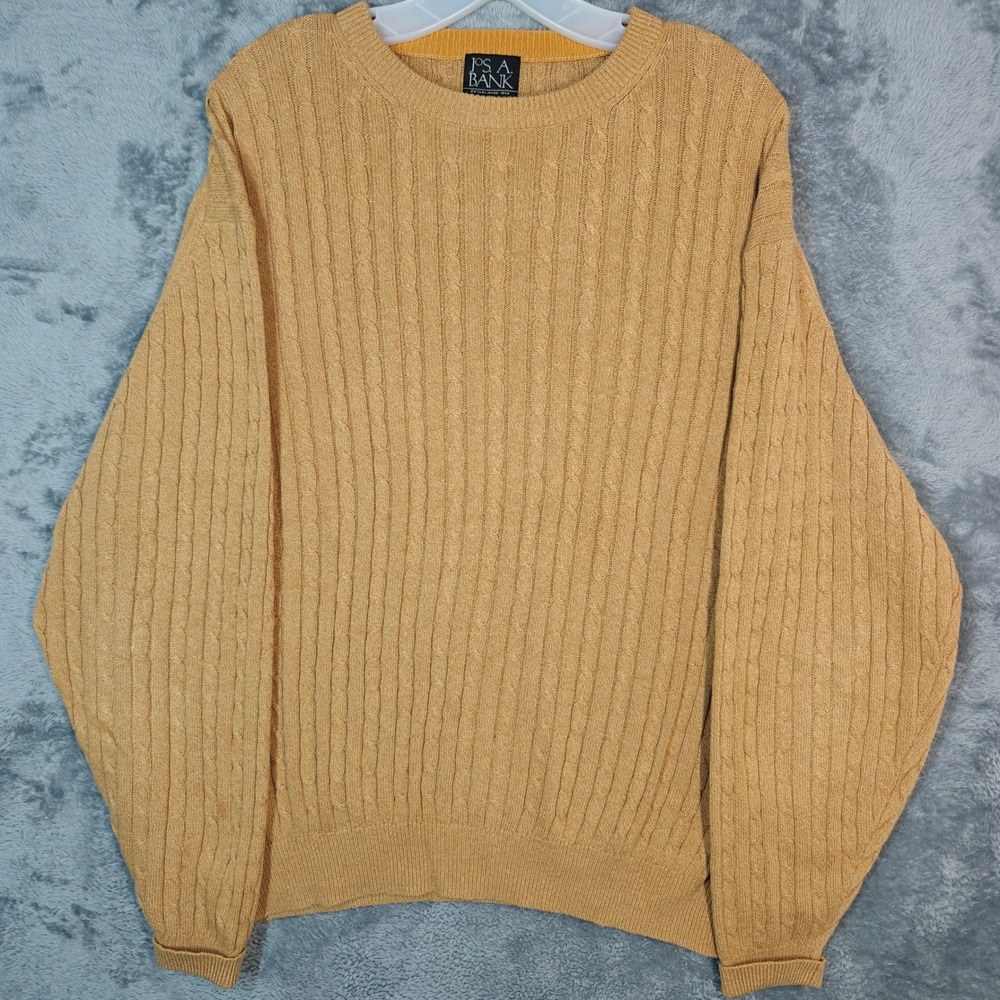 Jos. A. Bank Cable Knit Sweater Mens L Yellow Cotton Crewneck Long Sleeve